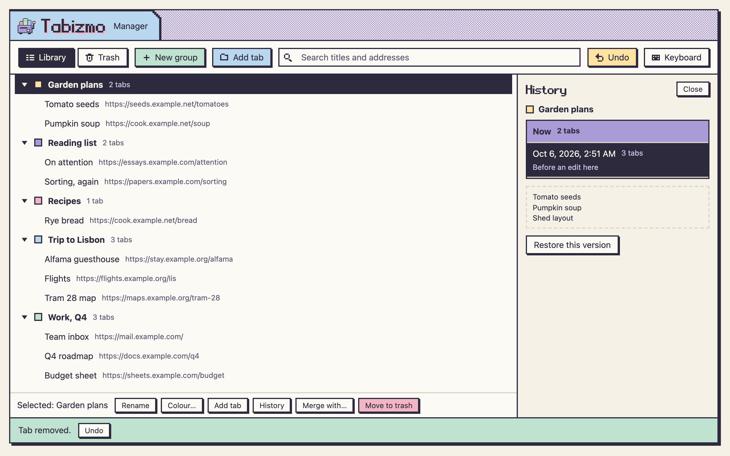 The history panel of the group Garden plans: the current version with 2 tabs, an earlier version with 3 tabs saved before an edit, the three tab titles of that version and a Restore this version button.